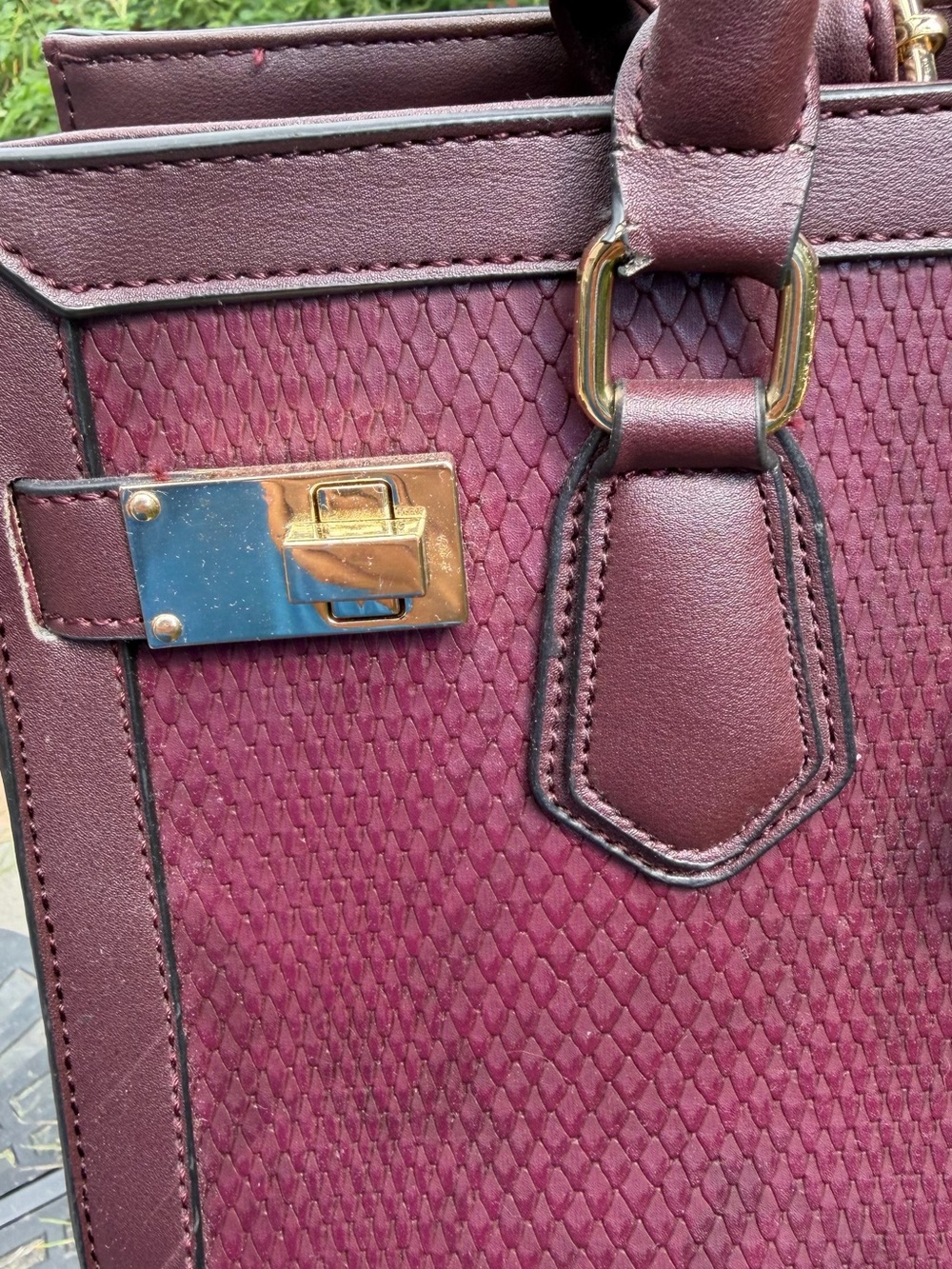 Aldo Burgundy Textured Satchel – Gold Hardware, Padlock Detail, Used - Picture 15 of 16